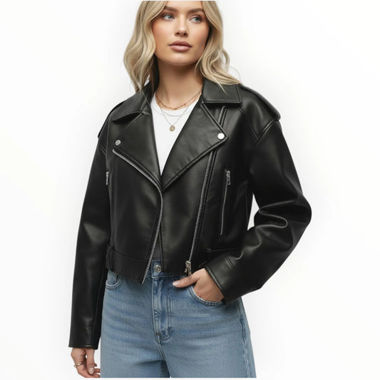 Women’s Faux Black Leather Biker Jacket Missdomo