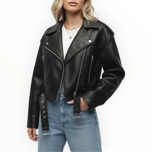 Women’s Faux Black Leather Biker Jacket Missdomo