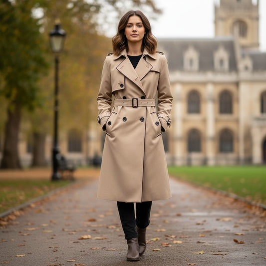 Double-Breasted Trench Coat Women — Elegant Tailored Belted Coat Missdomo